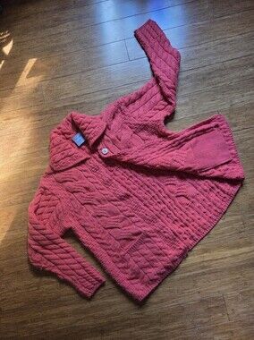 Aran Woollen Mills L Irish Merino Wool Cable Knit Cardigan Sweater Coral Red